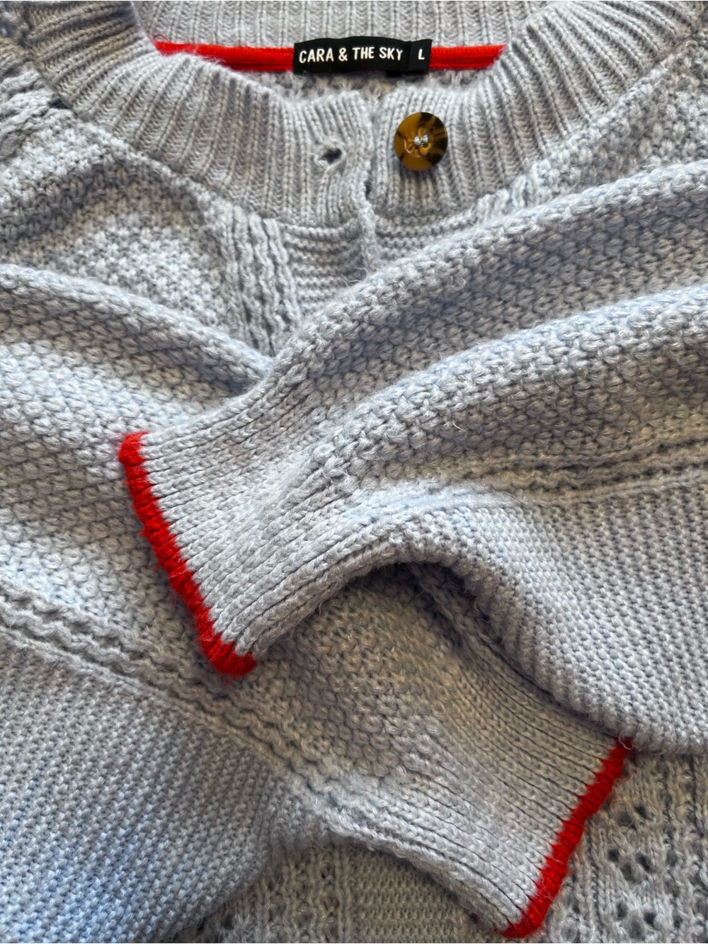 Cara & The Sky Pointelle Knit Cardi in Light Blue w Orange Trim - Made in the UK - Picture 6 of 10